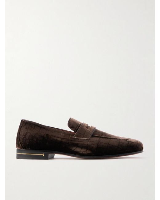 Tom Ford Brown Gigi Leather-trimmed Croc-effect Velvet Penny Loafers for men