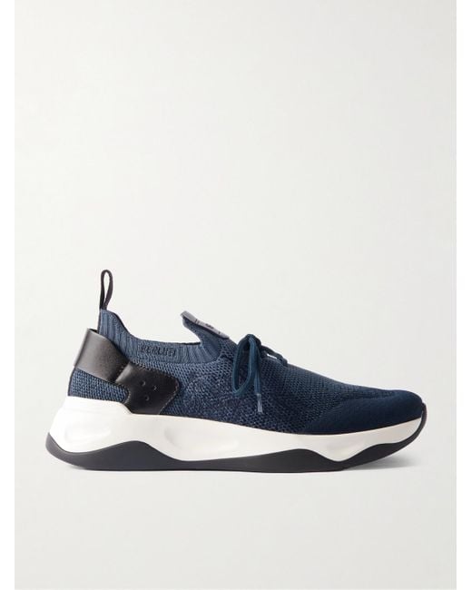 Berluti Blue Shadow Scritto Venezia Leather-Trimmed Stretch-Knit Sneakers for men