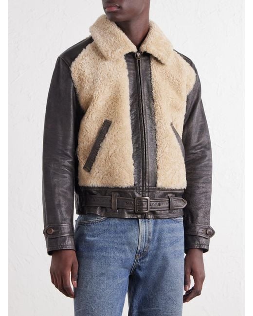 RRL Brown Geronimo Belted Shearling-Trimmed Leather Jacket for men