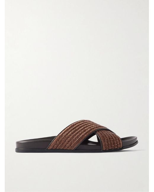 Manolo Blahnik Brown Chiltern Leather-Trimmed Raffia Sandals for men