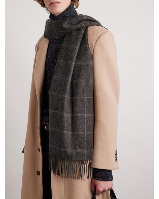 Dunhill Gray Fringed Checked Cashmere Scarf for men