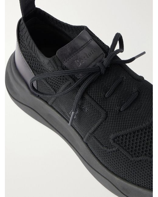 Berluti Black Shadow Leather-Trimmed Stretch-Knit Sneakers for men