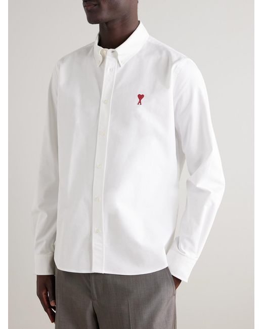 AMI White Button-Down Collar Logo-Embroidered Cotton Oxford Shirt for men