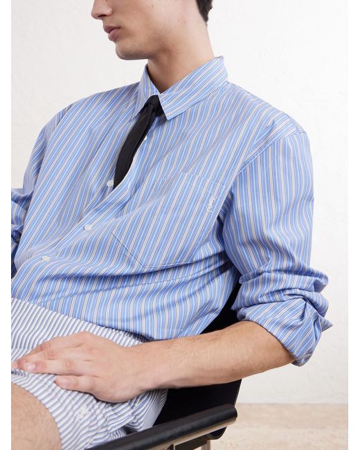 Saint Laurent Blue Logo-embroidered Striped Cotton-poplin Shirt for men