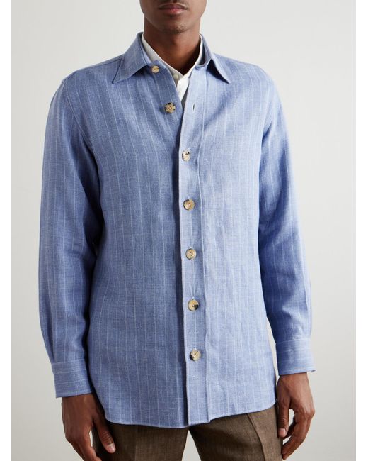 Rubinacci Hemdjacke aus einer gestreiften Leinen-Wollmischung in Blue für Herren