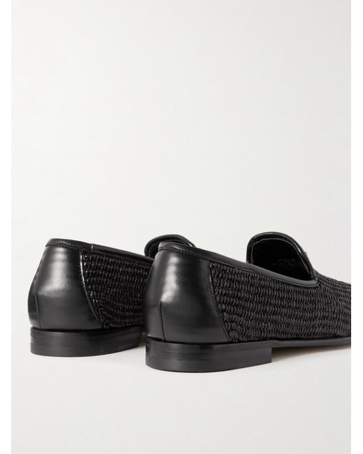 Manolo Blahnik Black Mario Leather-Trimmed Raffia Loafers for men