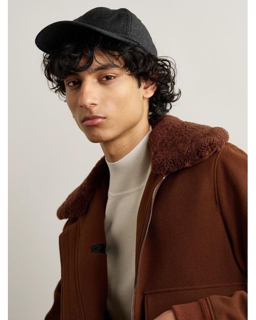 Mr P. Black Leather-Trimmed Brushed Cotton-Twill Baseball Cap for men