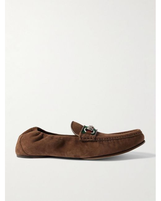 Gucci Brown Horsebit-Embellished Webbing-Trimmed Suede Loafers for men