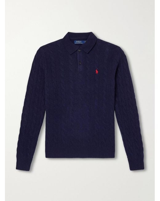 Polo Ralph Lauren Blue Cable-Knit Wool And Cashmere-Blend Polo Sweater for men