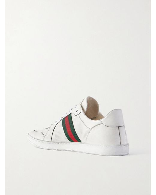 Gucci White Distressed Webbing-Trimmed Leather Sneakers for men