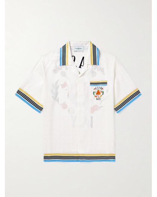 Casablancabrand White Casa Way Camp-collar Striped Logo-print Silk-twill Shirt for men