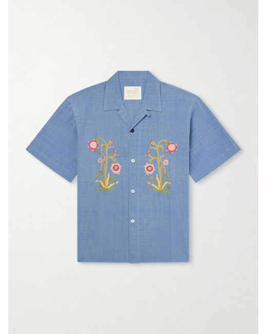 Kardo Blue Ronen Convertible-Collar Embroidered Cotton Shirt for men