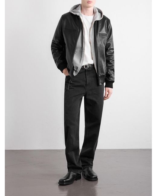 Golden Bear Black The Ridgewood Knit Trimmed Leather Bomber Jacket for men
