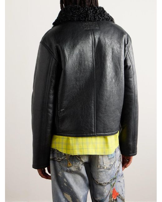 Acne Black Shearling-Trimmed Cracked-Leather Jacket for men