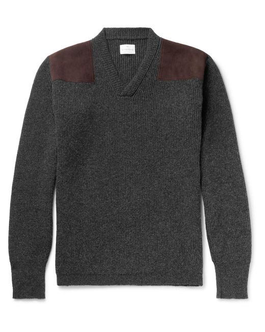 Kingsman Gray Merlin's Suede-panelled Ribbed Wool Sweater for men