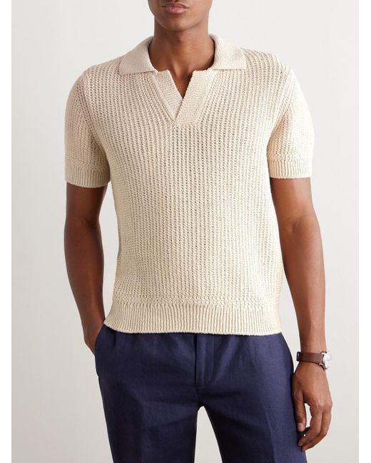 Brioni Natural Ribbed Cotton And Wool-blend Polo Shirt for men
