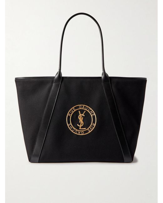 Saint Laurent Black Leather-trimmed Logo-embroidered Cotton-gabardine Tote Bag for men