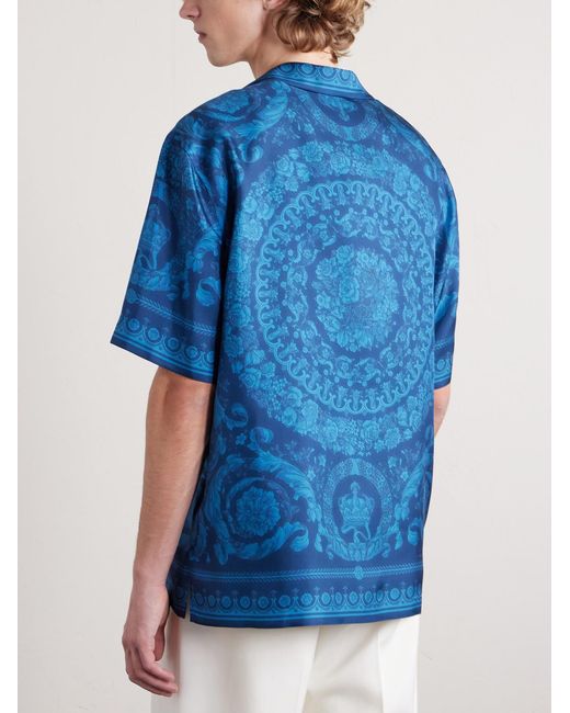 Versace Blue Camp-Collar Printed Silk-Twill Shirt for men