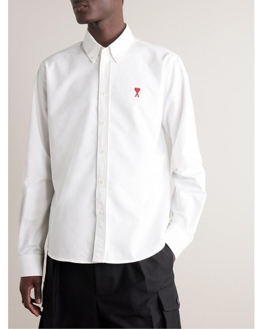 AMI White Button-Down Collar Logo-Embroidered Cotton Oxford Shirt for men