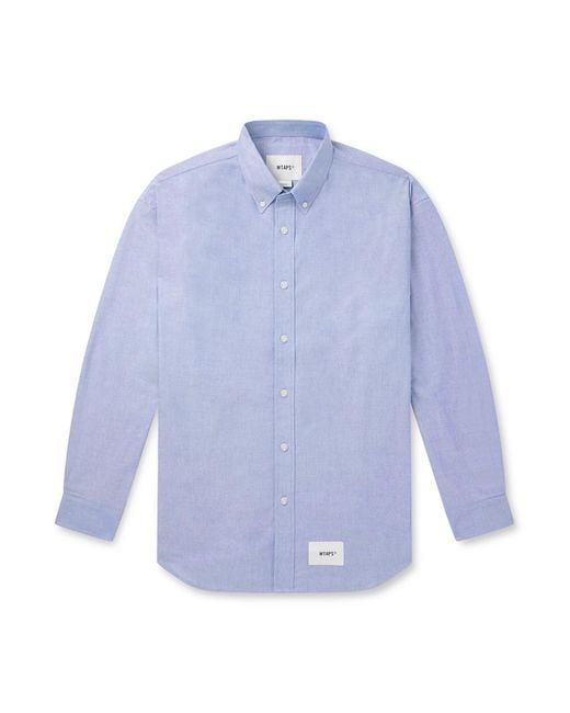 (w)taps Blue Button Down-Collar Logo-Appliquéd Coolmax Shirt for men