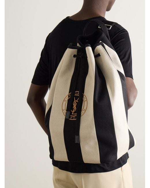 Saint Laurent Black Logo-embroidered Leather-trimmed Striped Cotton-canvas Sling Backpack for men