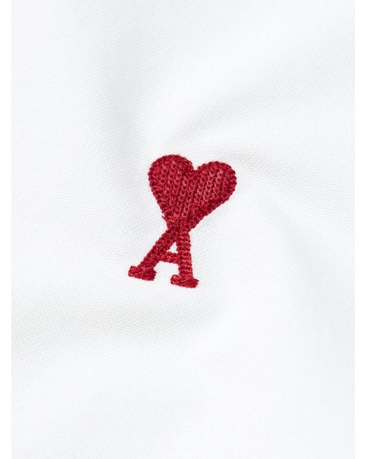 AMI White Button-Down Collar Logo-Embroidered Cotton Oxford Shirt for men