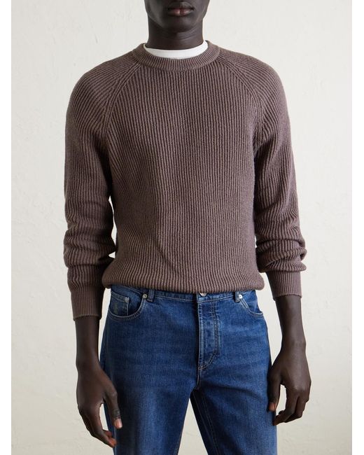 Brunello Cucinelli Brown Ribbed Cotton Sweater for men