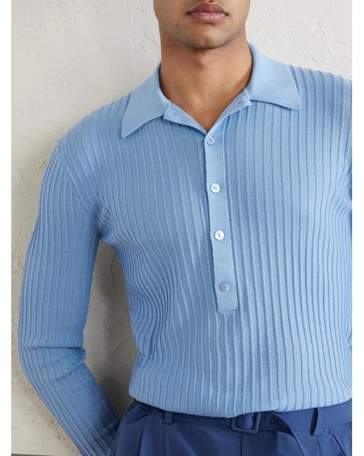 Saint Laurent Blue Slim-Fit Ribbed Wool, Cashmere And Silk-Blend Polo Shirt for men