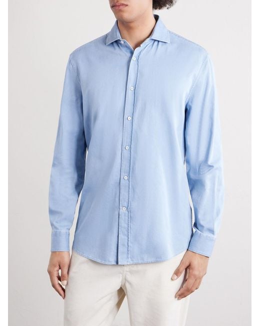 Brunello Cucinelli Blue Cutaway-Collar Cotton-Chambray Shirt for men
