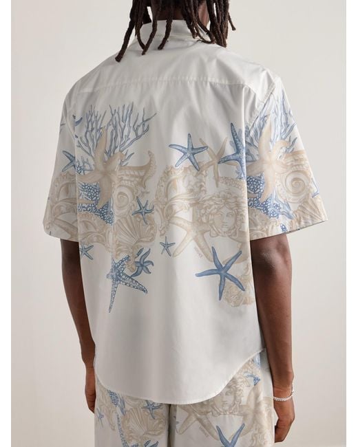 Versace White Barocco Sea Camp-Collar Printed Cotton-Poplin Shirt for men