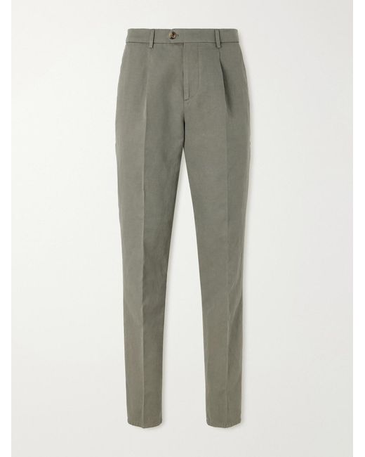 Brunello Cucinelli Gray Straight-Leg Pleated Cotton And Linen-Blend Trousers for men
