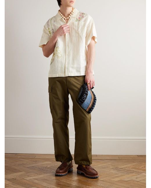 Camicia in misto cotone e lino ricamato con colletto aperto Greetings di STORY mfg. in White da Uomo