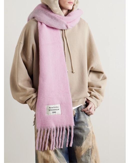 Acne Pink Volly Colour-Block Fringed Logo-Appliquéd Alpaca-Blend Scarf for men