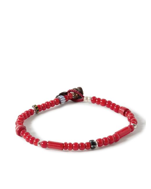 Mikia Red White Hearts Silver And Enamel Beaded Bracelet for men