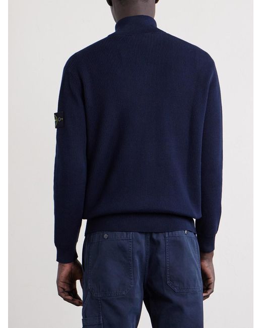 Stone Island Blue Ribbed-Knit Organic Cotton Zip-Up Cardigan for men