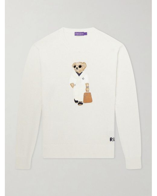 Ralph Lauren White Polo Bear Logo-Appliquéd Leather-Trimmed Knitted Silk And Linen-Blend Sweater for men