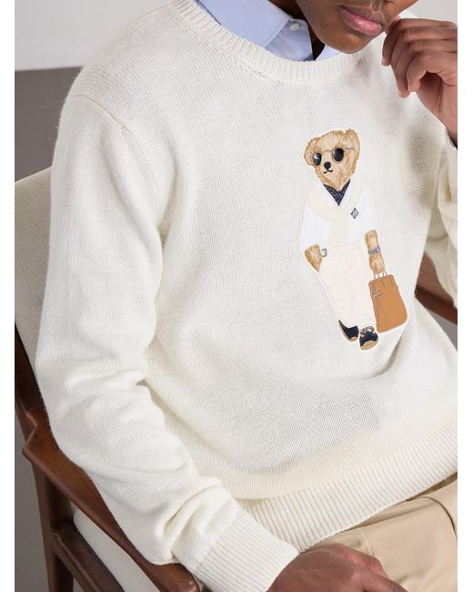 Ralph Lauren White Polo Bear Logo-Appliquéd Leather-Trimmed Knitted Silk And Linen-Blend Sweater for men