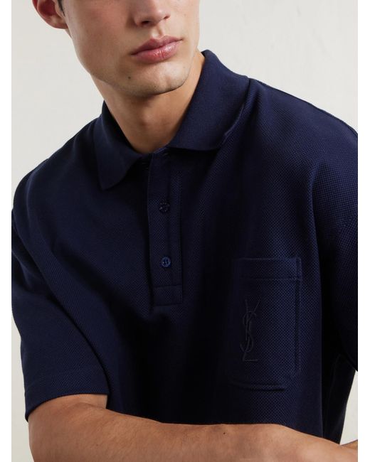 Saint Laurent Blue Cassandre-embroidered Cotton-piqué Polo Shirt for men