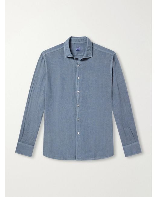 Fedeli Blue Nick Slim-Fit Cutaway-Collar Linen Shirt for men