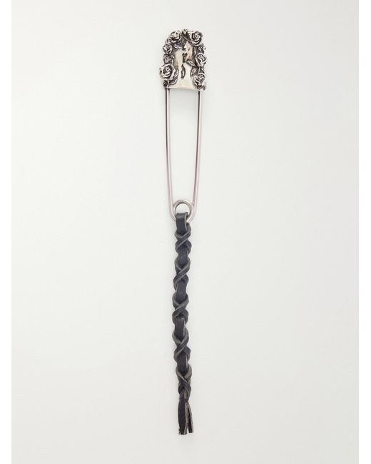 Enfants Riches Deprimes White Oversized Safety Pin Leather-Trimmed Sterling Keyring for men