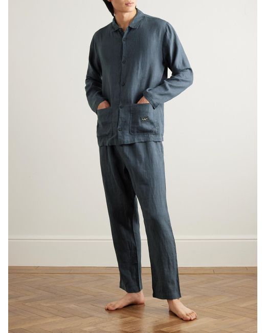 Desmond & Dempsey Blue Linen Pyjama Set for men