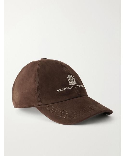 Brunello Cucinelli Brown Logo-Embroidered Suede Cap for men