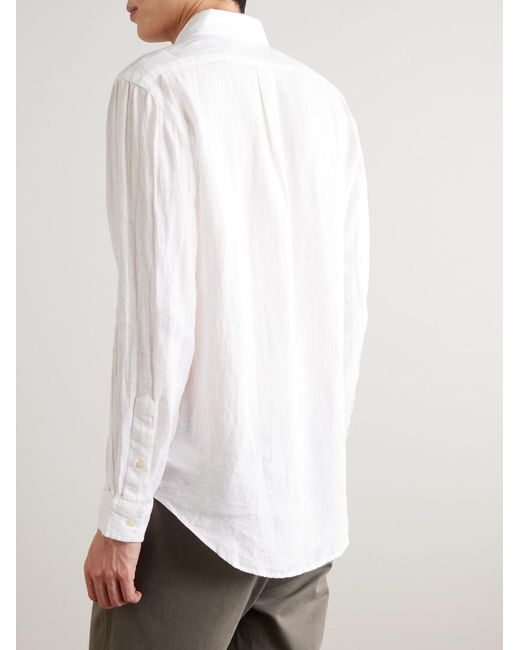 Polo Ralph Lauren White Button-Down Collar Logo-Embroidered Linen Shirt for men