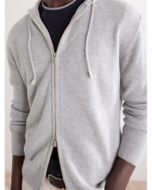 Eleventy Gray Ribbed Cashmere Zip-Up Hoodie for men