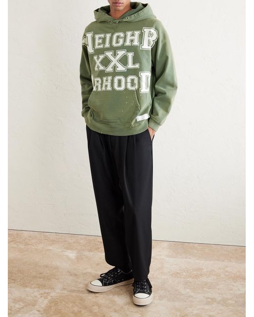 Neighborhood Green Savage Logo-print Distressed Cotton-jersey Hoodie for men