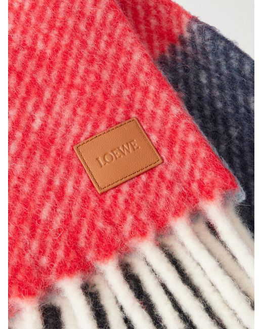 Loewe Red Fringed Striped Brushed Alpaca And Wool-Blend Scarf for men
