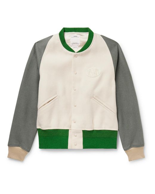 Visvim Green Colour-block Logo-appliquéd Wool And Linen-blend Varsity Jacket for men