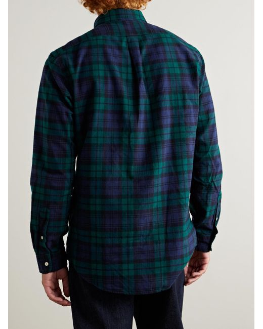 Polo Ralph Lauren Blue Button-Down Collar Logo-Embroidered Checked Brushed-Cotton Oxford Shirt for men