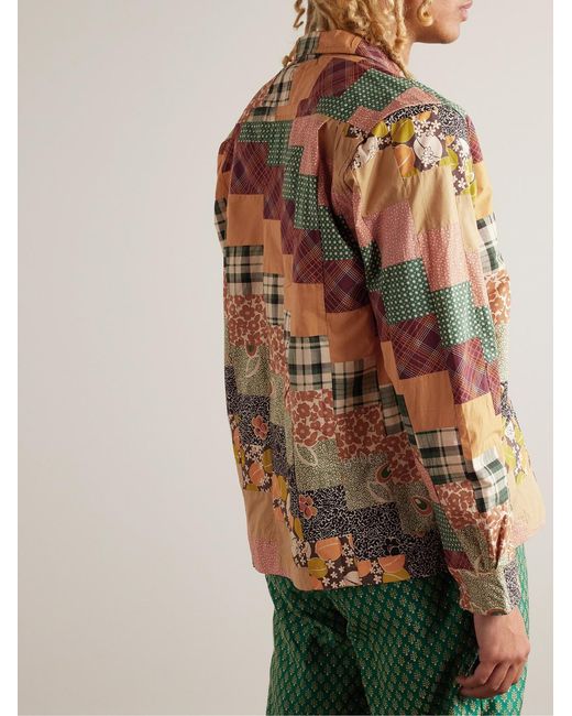 Bode Multicolor Diagonal Square Convertible-Collar Patchwork Cotton-Poplin Shirt for men