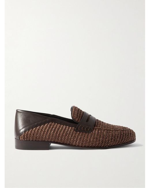 Manolo Blahnik Brown Padstow Leather-trimmed Raffia Loafers for men